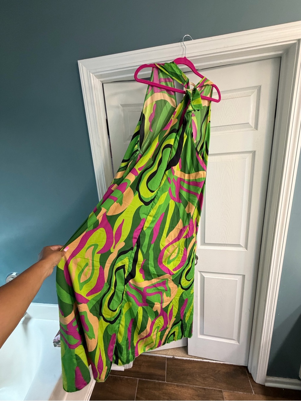 Vibrant Green Abstract Print Halter Maxi Dress